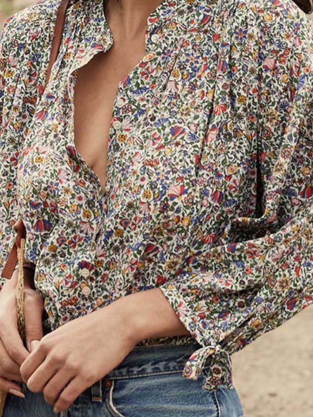 Doen O’Keefe Floral Button-Front Peasant Blouse - White Multi